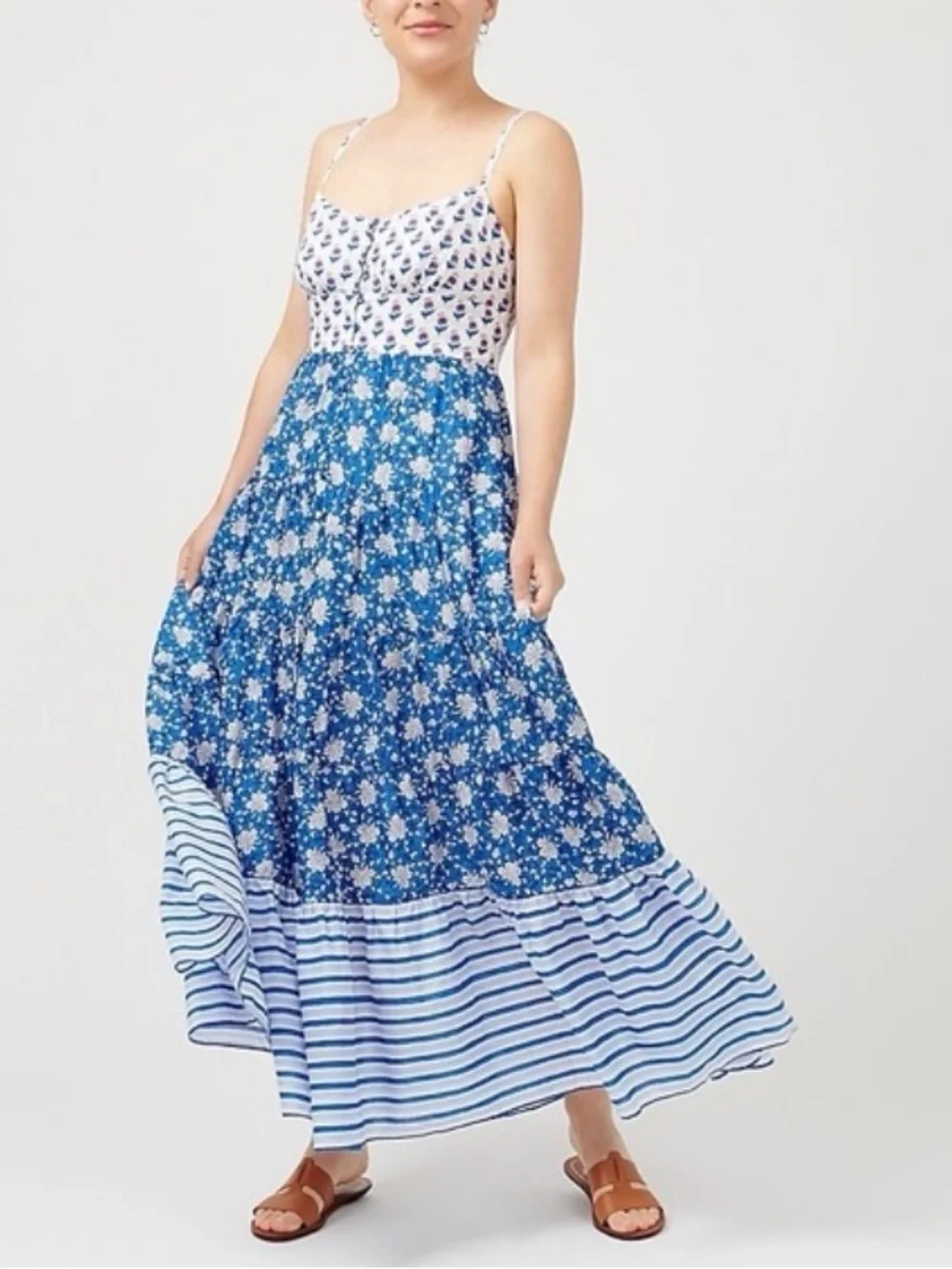J. Crew Blue and White Mixed-Print Tiered Maxi Dress. Cotton. Size 4